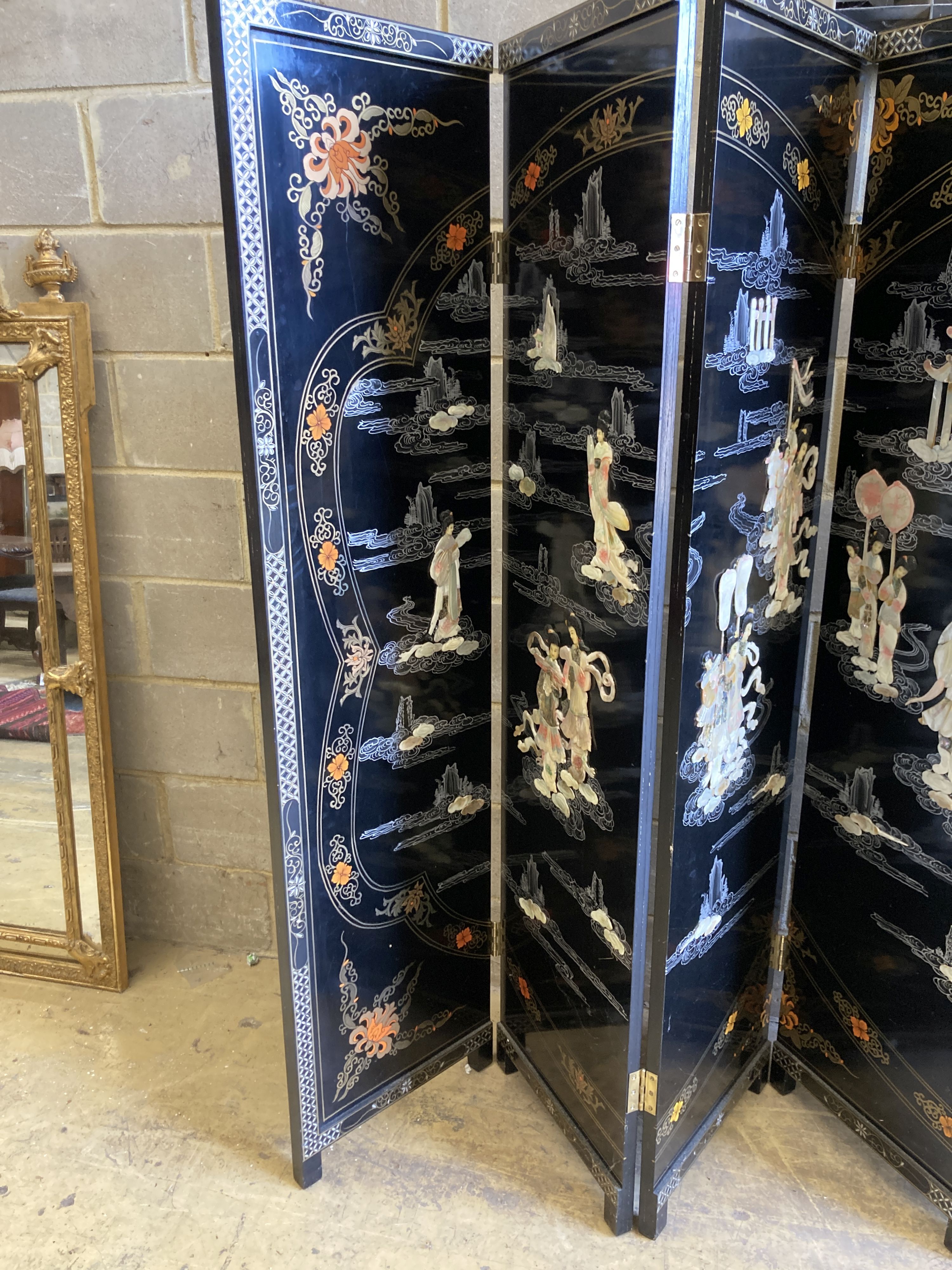 A 1920's - 30s Chinese inlaid mother of pearl six fold screen, each panel 45cm wide, height 183cm 72 x 95ins